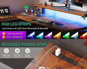 AODK 61" L Shaped Desk with Drawer, Power Outlets & LED Lights, Reversible Corner Gaming Desk
