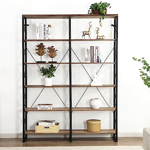 O&K FURNITURE Industrial Double Wide 6-Shelf Bookcase, 76" H - Vintage Brown