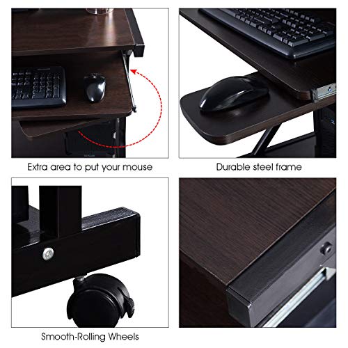 Officejoy Computer Desk Cart Home Office Desk, Mobile Laptop Table Workstation Writing Desk Study Desk with Keyboard Tray, Printer Shelf on Wheels
