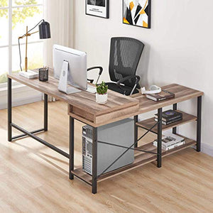 BON AUGURE L Shaped Desk with Shelves, Reversible Corner Computer Desk, Rustic Wood Home Office Desks (59 Inch, Vintage Oak)