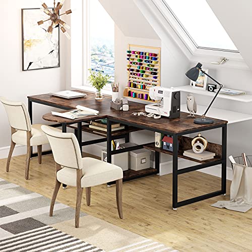 Tribesigns 94.5 inch Two Person Desk with Storage Shelves, Extra Long Computer Desk with Priter Shelf, Double Workstation Office Desk Study Writing Desk with Bookshelf for Home Office (Rustic Brown)