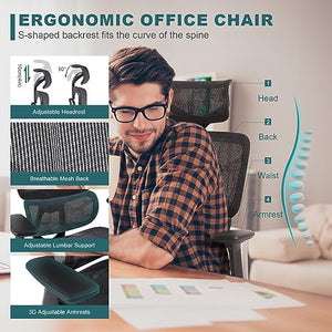 Flysky Ergonomic Mesh Office Chair with Adjustable Seat Depth, 3D Armrest, Lumbar Support - Black1