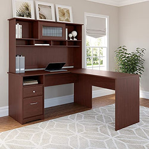 Bush Furniture Cabot 60W L Shaped Computer Desk with Hutch and Drawers in Harvest Cherry