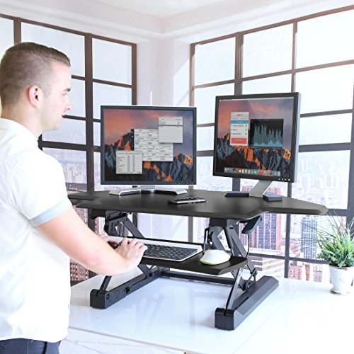 Seville Classics airLIFT Workstation Ergonomic Dual Monitor Riser with Keyboard Tray and Phone/Tablet Holder, Corner (43"), Black
