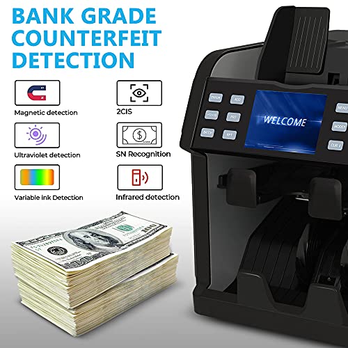 Trank Mixed Denomination Bill Counter, 2-Pocket, with Counterfeit Detection Bank Grade, Multi Currency, Built in Printer