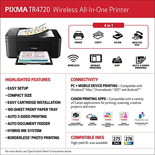 Canon PIXMA TR4720 All-in-One Wireless Printer for Home use, with Auto Document Feeder, Mobile Printing and Built-in Fax, Black