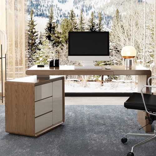 Lartis L-Shape Walnut Office Desk with Integrated Cabinet