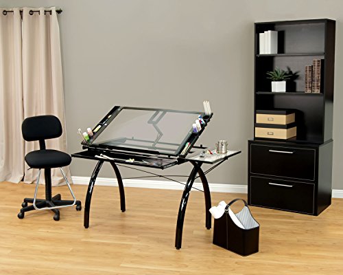 Offex Home Futura Craft Station with Folding Shelf Black/Clear Glass