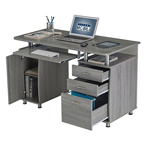 Grey Home Office Desk Keyboard Tray File Drawer Organize Workstation Home Office Furniture Laptop Computer Table PC Study Writing Reading Display Shelves Drawers