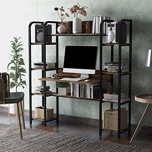 OIUT Home Office Computer Desk with Storage Bookshelf, Industrial Style Large Size Computer Workstation, Office Desk Study Table Writing Desk with Storage Hutch and Double Bookcase Vintage Brown