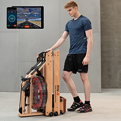 SNODE 2021 Wood Water Rowing Machine with APP, Foldable Rowing Machine for Home Use with LCD Monitor, Water Resistance Wood Rower Indoor Exercise Machine, Soft Seat, Home Fitness Workout