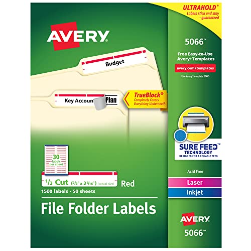 Avery Red File Folder Labels for Laser and Inkjet Printers with TrueBlock Technology, 2/3 x 3-7/16 Inches, 5 Packs (5066)