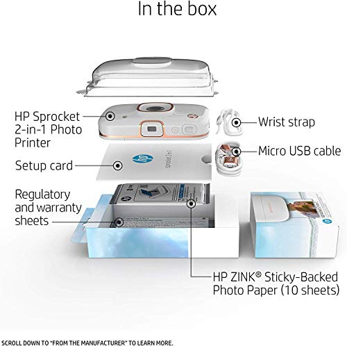 HP Sprocket 2-in-1 Portable Photo Printer & Instant Camera, print social media photos on 2x3" sticky-backed paper (2FB96A), 2:1 White, 4.8 x 3 x 1.1