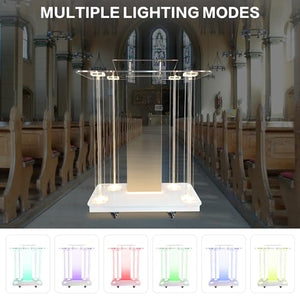 Mecpramy Elegant Transparent Church Pulpit with Wheels and LED Light