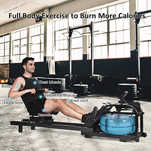 GYMAX Water Rowing Machine, Water Rower with Adjustable Resistance & LCD Display, Easy-Transportation Rower for Whole Body Exercise Cardio Training (Water Resistance)