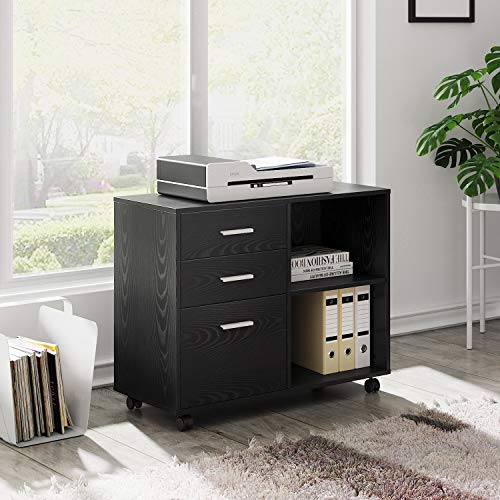 DEVAISE 3-Drawer Wood File Cabinet, Mobile Lateral Filing Cabinet, Printer Stand with Open Storage Shelves for Home Office, Black
