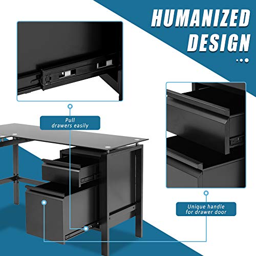 L Shaped Desk 56" Computer Corner Desk, Home Gaming Desk with Storage Drawer Under Desk, Office Writing Workstation with Glass Desktop and Metal Frame, Space-Saving and Easy Assemble