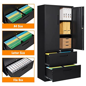 ZAOUS Metal File Cabinet 2 Drawer with Lock, Lateral Filing Cabinet, Adjustable Shelves - Black