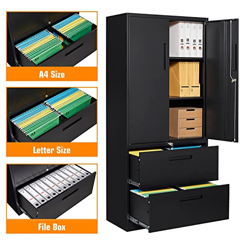 ZAOUS Metal File Cabinet 2 Drawer with Lock, Lateral Filing Cabinet, Adjustable Shelves - Black