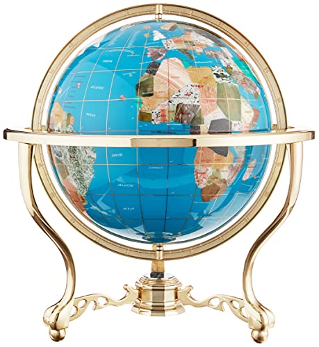 Unique Art 21-Inch Tall Turquoise Blue Ocean Table Top Gemstone World Globe with Gold Tripod