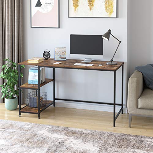 Homfa Computer Desk with 2 Shelves, 55 in Length Study Writing Table, 2-in-1 Large Office Desk with Metal Legs, Adjustable feet, Modern Furniture for Home Office, Study Room-Rustic Brown