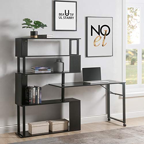 Computer Desk L-Shaped Corner Table for Home Office, Sturdy Wooden Rotating Writing Table Gaming Desk Workstation with Metal Frame, 5-Story Bookshelves and Lockable Casters, Four Installation Methods