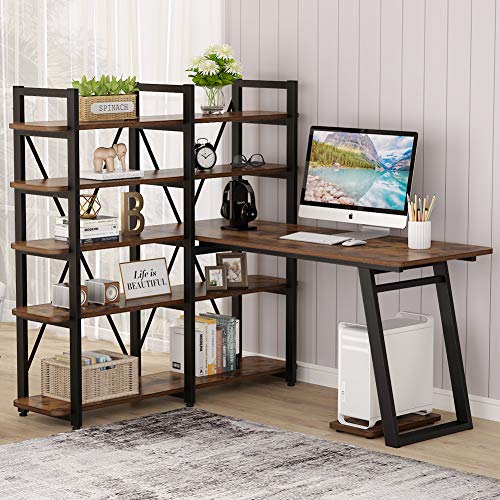 Tribesigns 55" Large Computer Desk with 10 Storage Shelves, Office Desk Study Table with Etagere Bookcase, Writing Desk Workstation with Hutch Bookshelf for Home Office, Vintage Brown