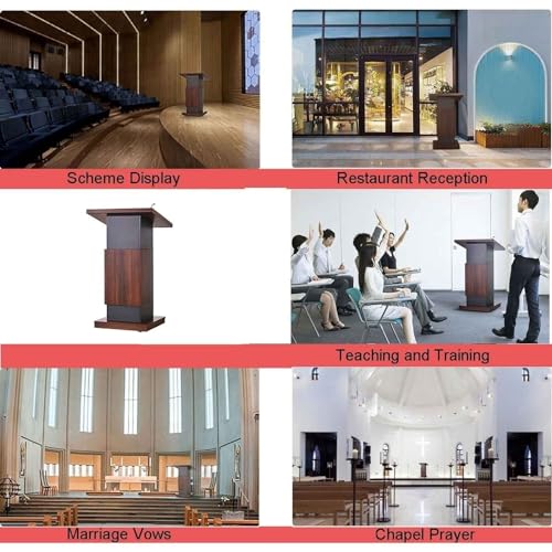 AZBROW Portable Podium with Locking Wheels, Wooden Conference Room Lecture Desk, 60 * 70 * 118 CM (Brown)