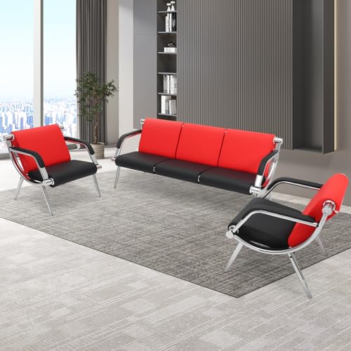 Walmokid Waiting Room Chairs with Armrest, PU Leather Office Furniture - Red&Black, 4
