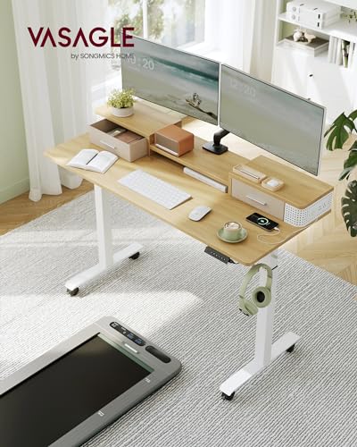 VASAGLE Electric Standing Desk with Drawers, Power Strip, Adjustable Height - 23.6 x 55.1 Inches - Home Office - Straw Yellow ULSD184N21