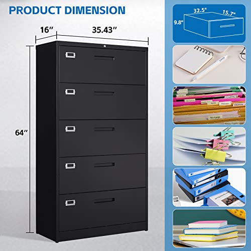 BYNSOE 5 Drawers Lateral File Cabinet with Lock - Steel Filing Storage Cabinet for Office/Home - A4 Legal/Letter Size - Assembly Required