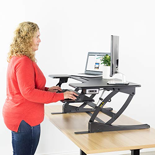 VIVO Black Electric Extra Wide 42 inch Stand Up Desk Converter | Quick Sit to Stand Tabletop Dual Monitor Riser Workstation (DESK-V000VLE)
