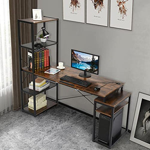 HGJG 47" Computer Desk with Storage Shelves, Multipurpose Writing Drawing Tower Desk, 5-Tiers Shelves, Cable Hole & Host Shelf, Classic Black Frame Home Office Desk Gamer Workstation (Brown)