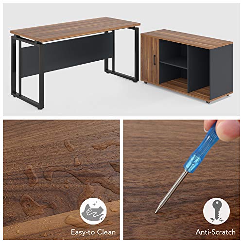 LITTLE TREE Executive Desk and File Cabinet Set - Walnut, 55" Desk, L-Shaped, Business Furniture with Storage Stand