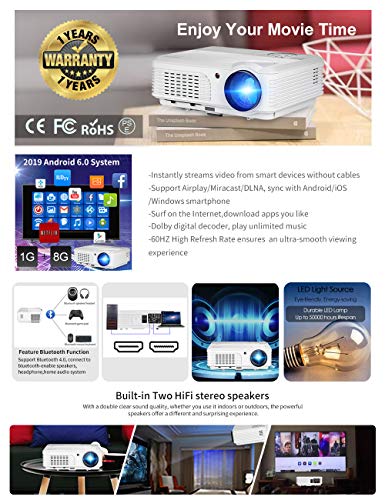 2020 Bluetooth Projector WiFi Android LCD LED Smart Video Projectors Home Theater 4400 Lumens Support HD 1080P Airplay HDMI USB RCA VGA AV for Smartphone DVD Game Consoles Laptop Outdoor Movie