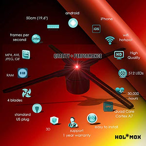 HOLOMOX 2019 New 19.6 Inch with 4 Blades! 3D Hologram Advertising Display Fan, iOS Android WiFi Cloud Cluster, High Res, Hundreds of 3D Videos, Holographic Projector Ideal for Any Retail Store.