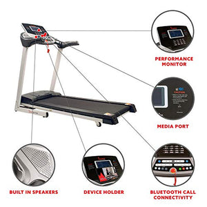 Sunny Health & Fitness Energy Flex Electric Treadmill with Bluetooth Connectivity, Automatic Incline, Speakers and 16 Preloaded Programs - SF-T7724, Gray, Twin