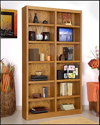 Wooden Bookshelves Double Wide 84" Bookcase Library Shelving 12 Shelf (Dry Oak)