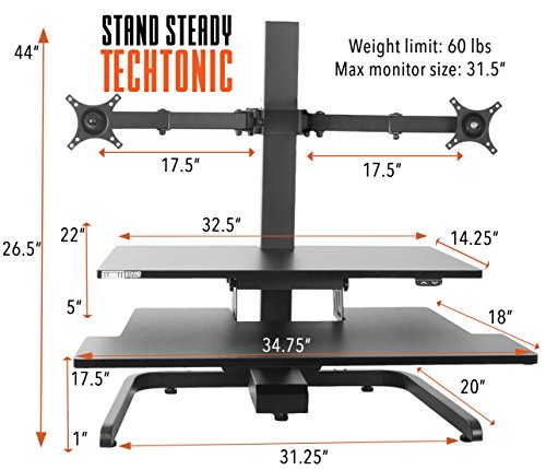 Stand Steady Techtonic Electric 2 Arm Monitor Mount Standing Desk | Large Spacious Stand Up Desk | Easy Sit to Stand with The Push of a Button - Quiet! | 3 Levels to Maximize Your Space!