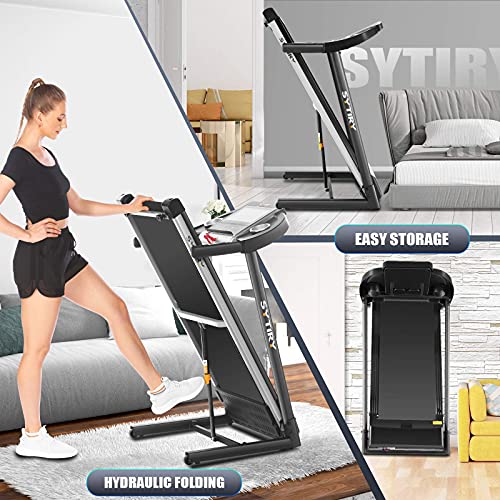 SYTIRY Treadmills for Home, Folding Treadmill with 10" HD TV Screen and WiFi,3.25hp Motor,Running Machine for Exercise with Workout Program, Hydraulic Drop, Heart Rate Sensor