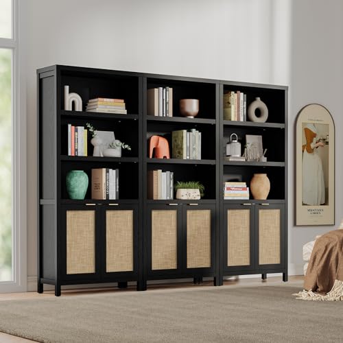 SICOTAS 5 Tier Rattan Boho Bookcase with Doors - Black 2PCS