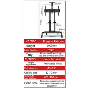 WYJW Mobile TV Stand Cart for 32-70 Inch Screen TVs, Height Adjustable with Wheels