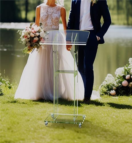 Acrtmatic Clear Acrylic Rolling Podium Stand, 47-inch with Storage Shelf