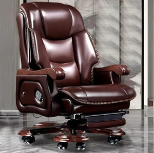 Kinnls Fully Reclining Massage Office Chair, Genuine Leather, Adjustable Back, Retractable Footrest (Coffee)