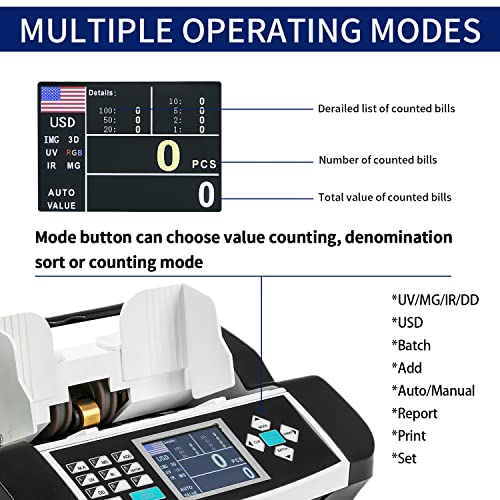Ten-Tatent SH-206C US Dollar Money Counter Machine Mixed Denomination, Cash Value Bill Counting, IMG/UV/MG/IR/MT/DD Counterfeit Detection, Receipt Printing Enabled