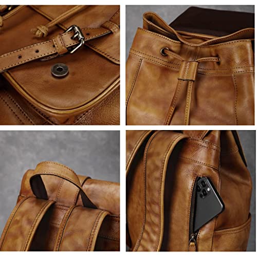 ADIE Retro Men's Large Capacity Backpack，Men Portable Genuine Leather Laptop Bag，First Layer Cowhide Travel、Business、Student Daypack (Color : Brown, Size : 14inchs)