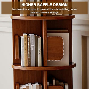 ARMERI 5-Tier Rotating Bookshelf with Storage Drawer, 360° Display - Wooden Corner Bookcase Storage Rack