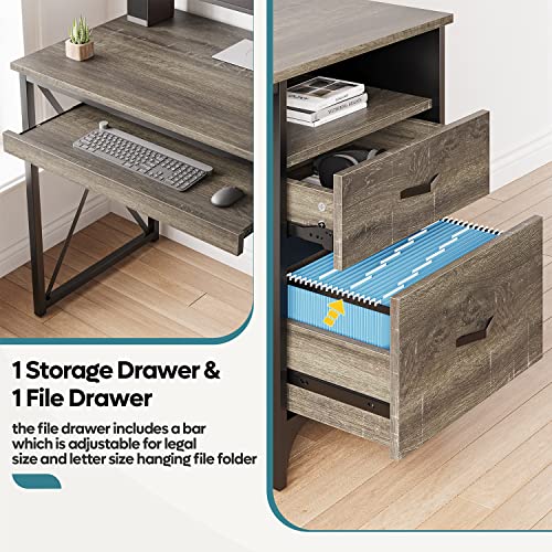Bestier Office Desk with Drawers, 55 inch Industrial Computer Desk, Dark Gray Oak