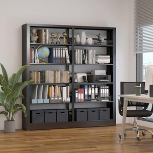 OSEILLC 5-Tier Black Bookshelf with Adjustable Storage Shelves and Book Stopper