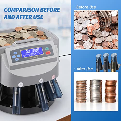 Frifreego Auto Coin Sorter with LED Display, Electric Coin Counter Machine for Sorting 1¢, 5¢, 10¢, 25¢, 50¢ and 1$, Capacity Up to 500, Predetermined Sorting Number